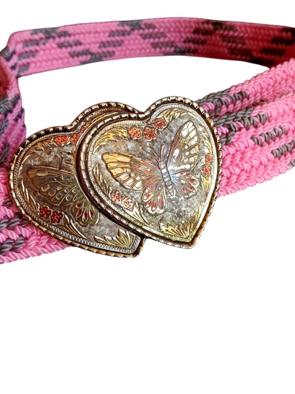 Vintage Cowgirl Dual Heart Butterfly Buckle - Adjustable Fit - Made In USA 1980s